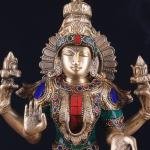 12" Brass Goddess Lakshmi Statue | Meenakari Stonework Divine Murti | Sacred Temple Art